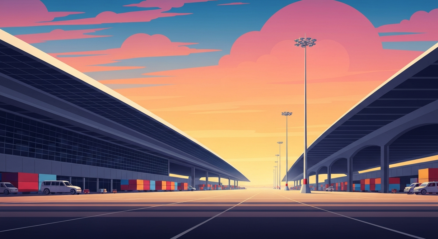 A bold, geometric illustration in the Art Deco style, depicting the towering, streamlined architecture of an international airport terminal against a backdrop of sweeping gradients, capturing the grand scale and efficiency of a major cargo hub.