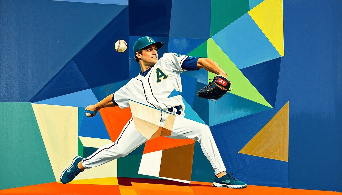 A fractured, multi-perspective painting breaking down a baseball pitcher's windup and delivery into sharp, overlapping geometric planes in vibrant colors, conceptually representing the dominant performances of a top Braves pitching prospect.
