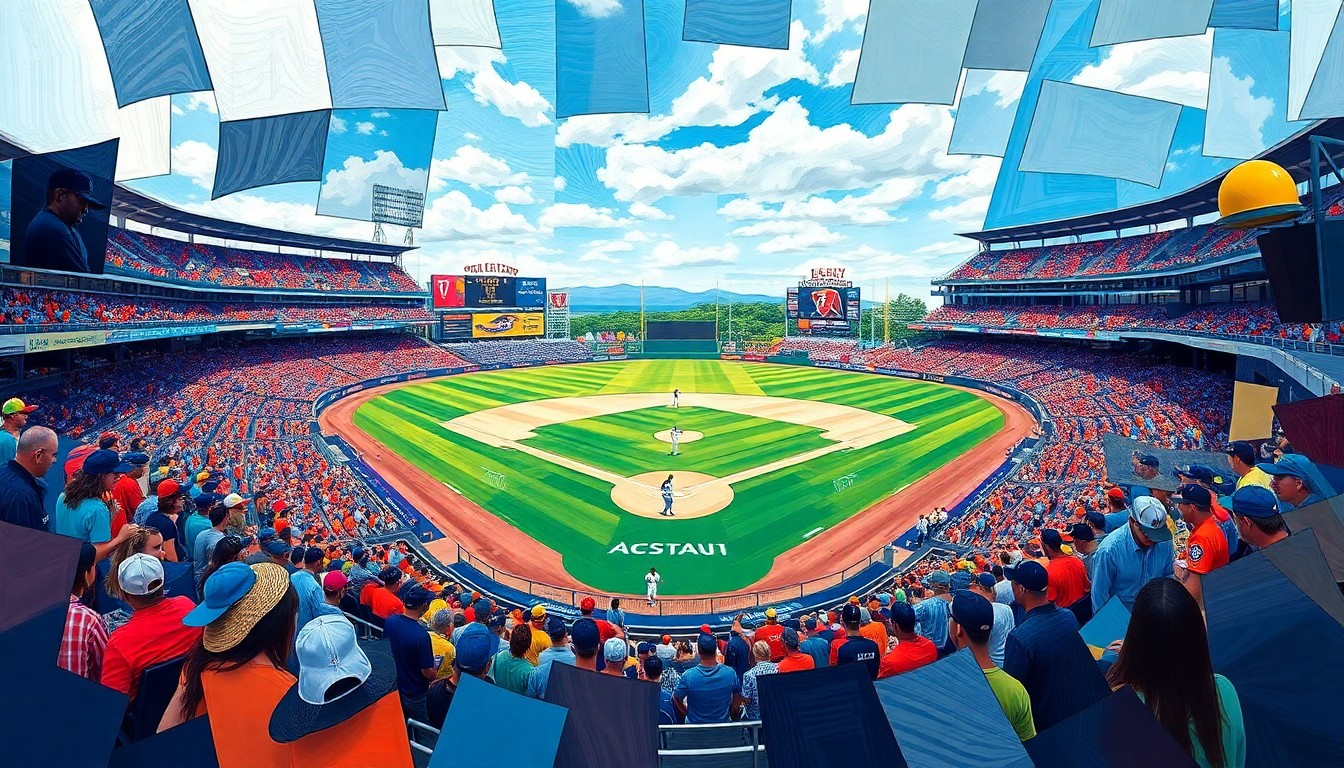 A cubist, geometric painting depicting a baseball game in motion, with fragmented shapes and planes of color representing the players, field, and action of the game.