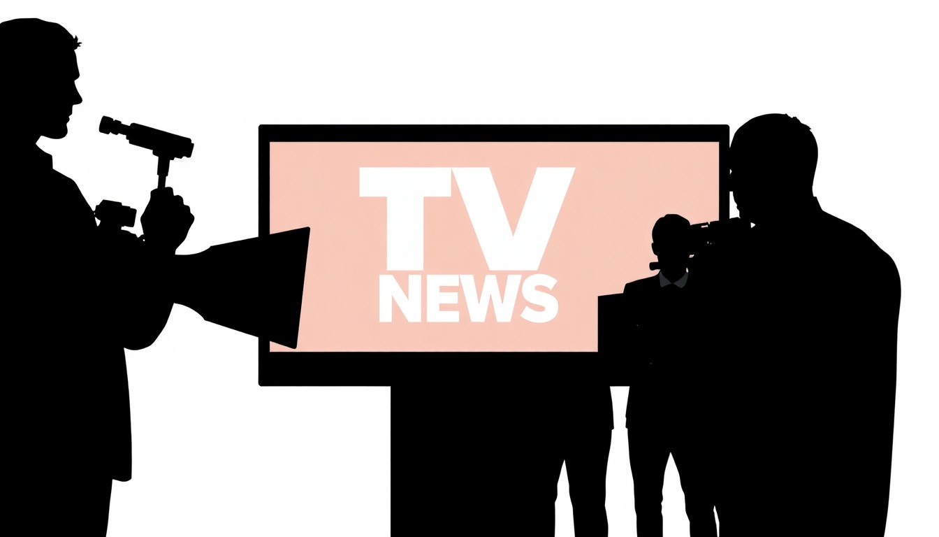 A minimalist, abstract illustration using bold black shapes and high-contrast colors to represent a local TV news station winning industry awards.