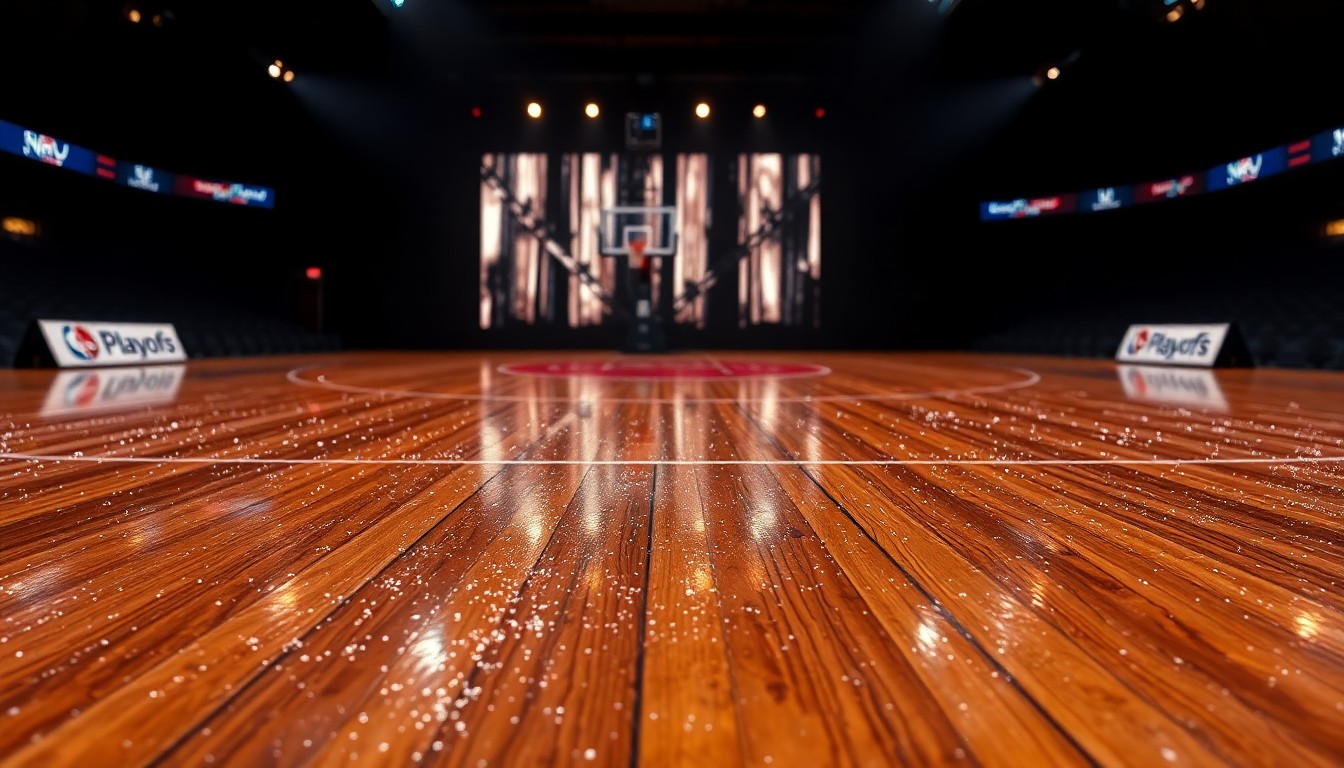 An abstract close-up photograph of the highly textured, reflective surface of a basketball court, capturing the glamorous atmosphere of the NBA playoffs through dramatic lighting and material.