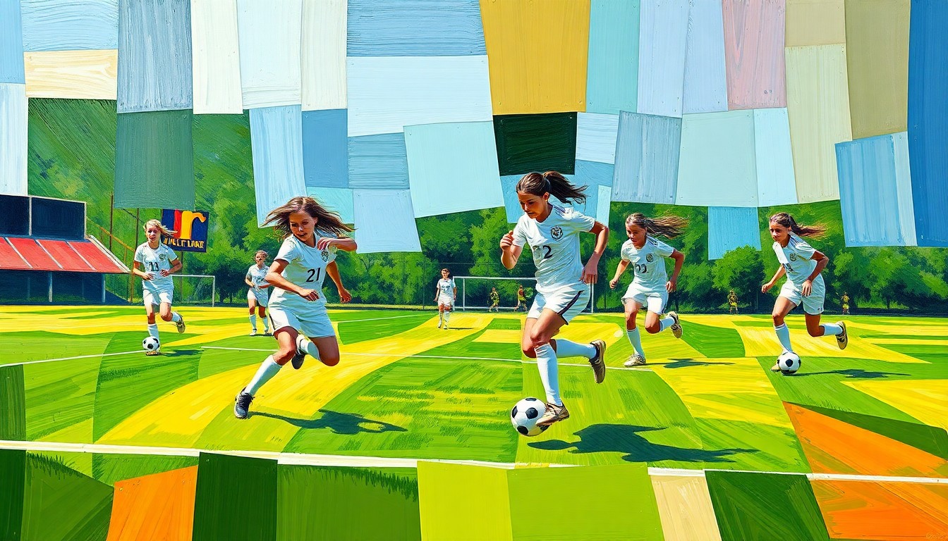 A fragmented, geometric painting depicting the dynamic movements and perspectives of a girls soccer game, with sharp planes of green, white, and the soccer ball in motion.