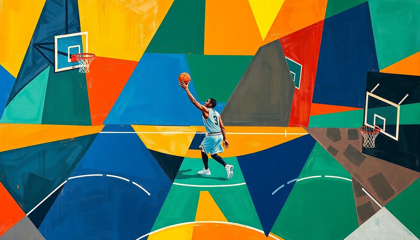 A fragmented, geometric painting depicting a basketball player surrounded by court lines, hoops, and other shapes in a vibrant color palette, capturing the strategic complexity of an NBA playoff game.