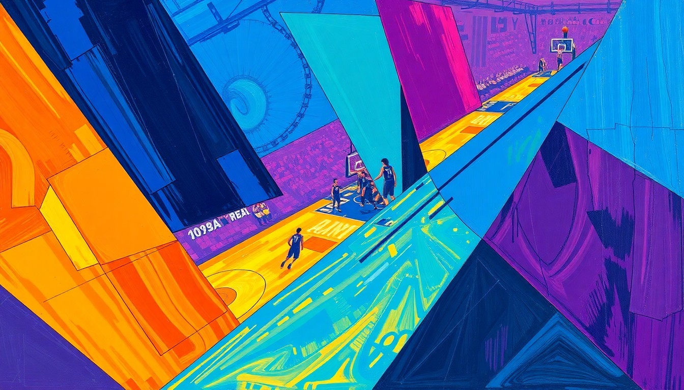 A fragmented, geometric painting depicting a WNBA basketball game or match, with sharp planes of color and overlapping shapes that obscure any recognizable figures or logos, conveying the conceptual idea of a high-profile trade that has divided opinions.