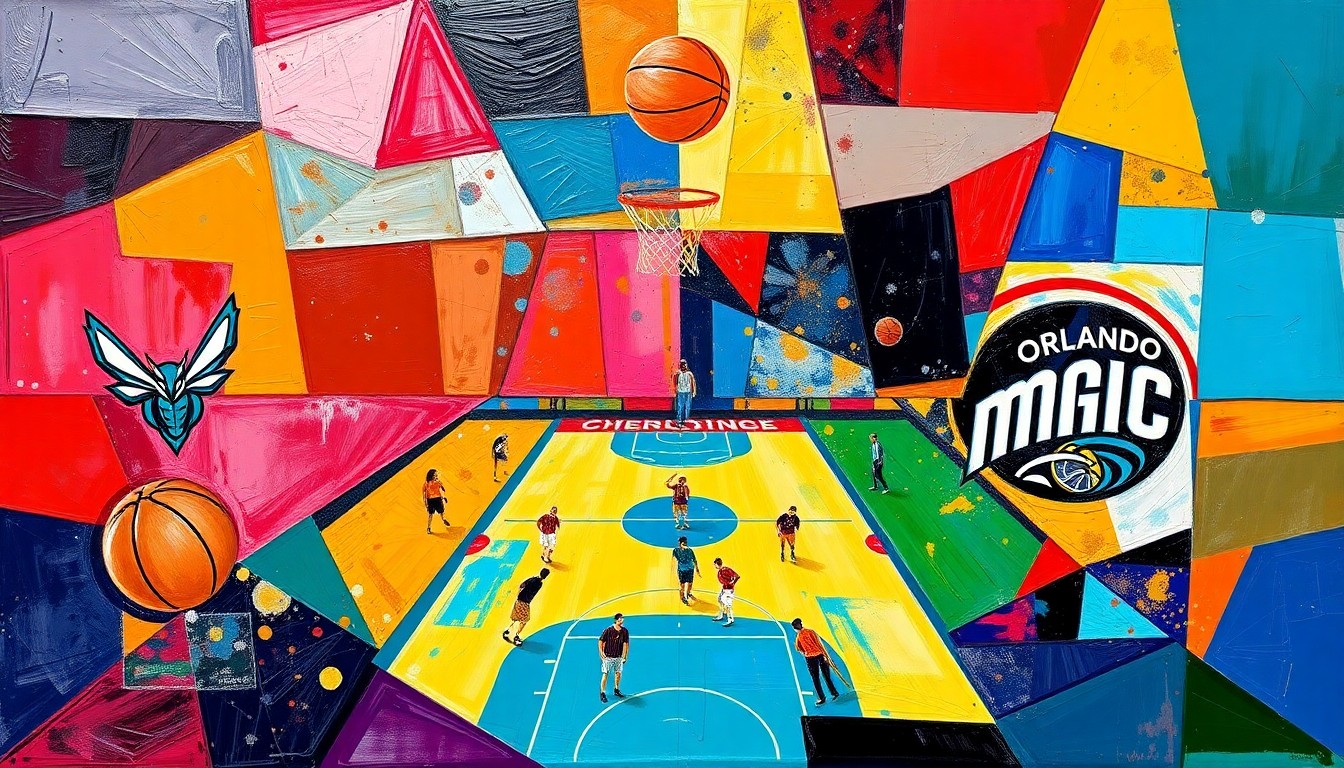 A cubist-style painting featuring overlapping geometric shapes and planes of color, representing the competitive energy and strategic movements of a basketball game between the Charlotte Hornets and Orlando Magic.