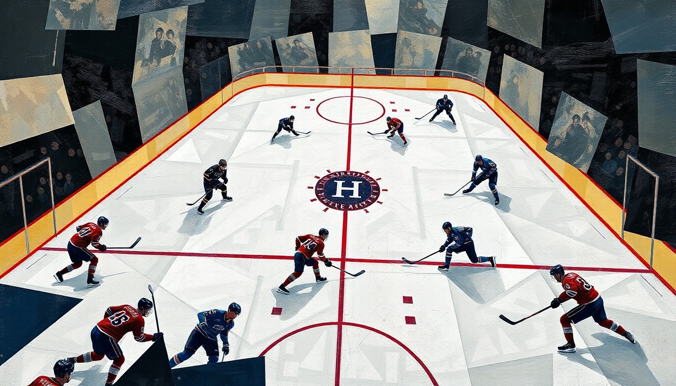A cubist, geometric painting depicting a hockey game in motion, with fragmented shapes and planes representing the ice, players, and equipment, conveying the chaotic energy of the sport.