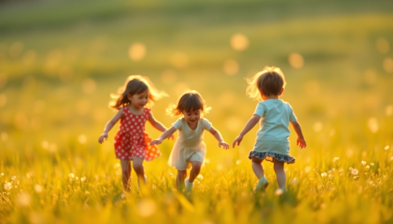 An extremely abstracted, out-of-focus photograph of children playing on a grassy field, with soft, warm pools of light and color creating a dreamlike, serene atmosphere that captures the inclusive, supportive spirit of the Magnolia Rose Foundation's community events.