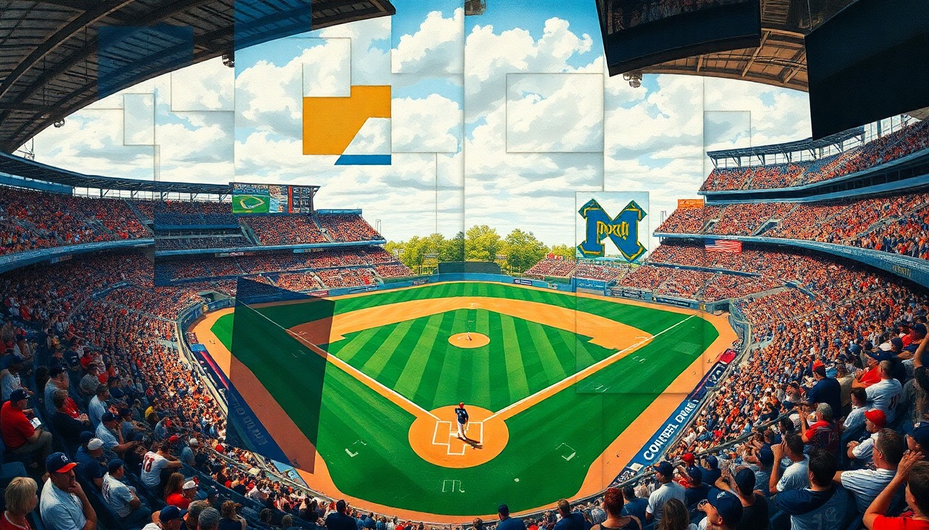 A fragmented, geometric painting depicting the dynamic action of a college baseball game, with players, field, and crowd rendered in sharp, overlapping planes of color and form.