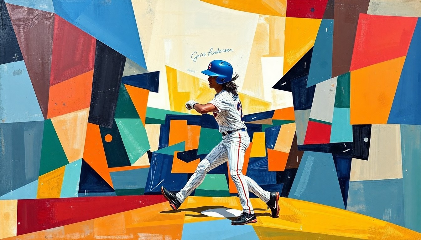 A fragmented, geometric painting depicting various baseball motifs and elements related to Garret Anderson's career, including a bat, a ball, and athletic movement, all rendered in a Cubist style with sharp, overlapping planes of color.