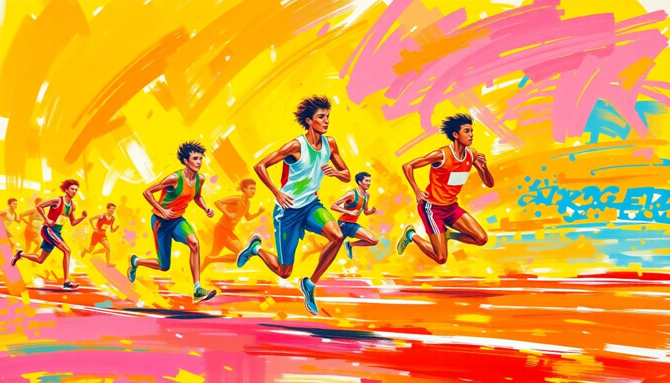 An abstract, energetic painting in bright neon colors, with rapid brushstrokes capturing the dynamic motion and competitive spirit of high school track and field events.