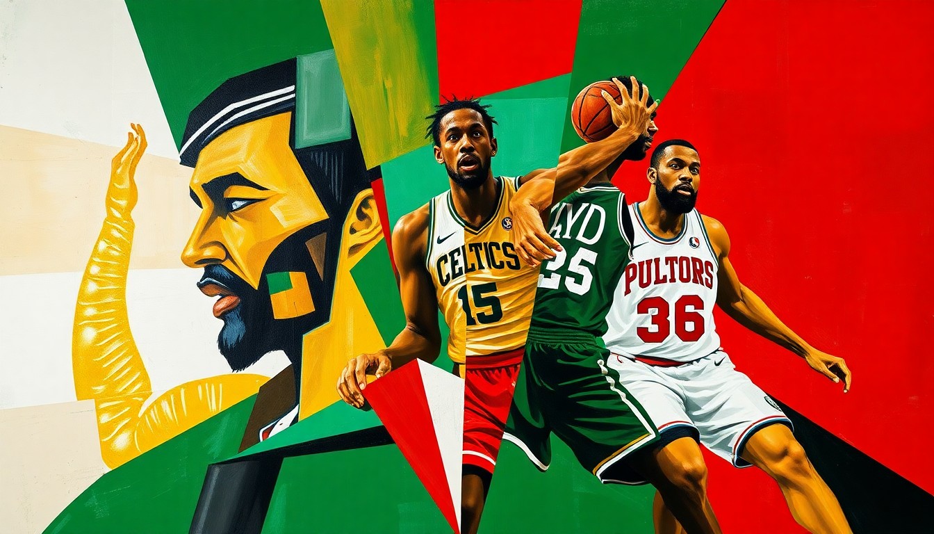 A cubist, geometric painting depicting a basketball game between the Boston Celtics and Philadelphia 76ers, with the players' figures broken down into abstract shapes and planes of vibrant colors.