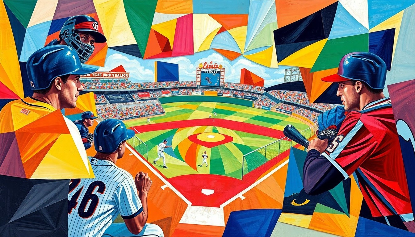 A fractured, geometric painting depicting a minor league baseball game, with the players and field broken down into sharp, overlapping planes of color and shape, creating a dynamic and abstract visual representation of the action on the field.