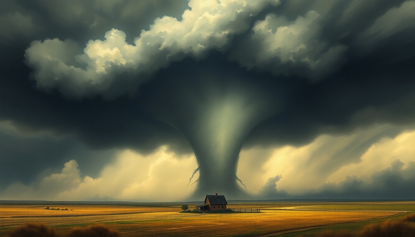 A sweeping, atmospheric landscape painting depicting a massive, swirling tornado in the distance, dwarfing a small farmhouse or other structure in the foreground, conveying the overwhelming power of a natural disaster.