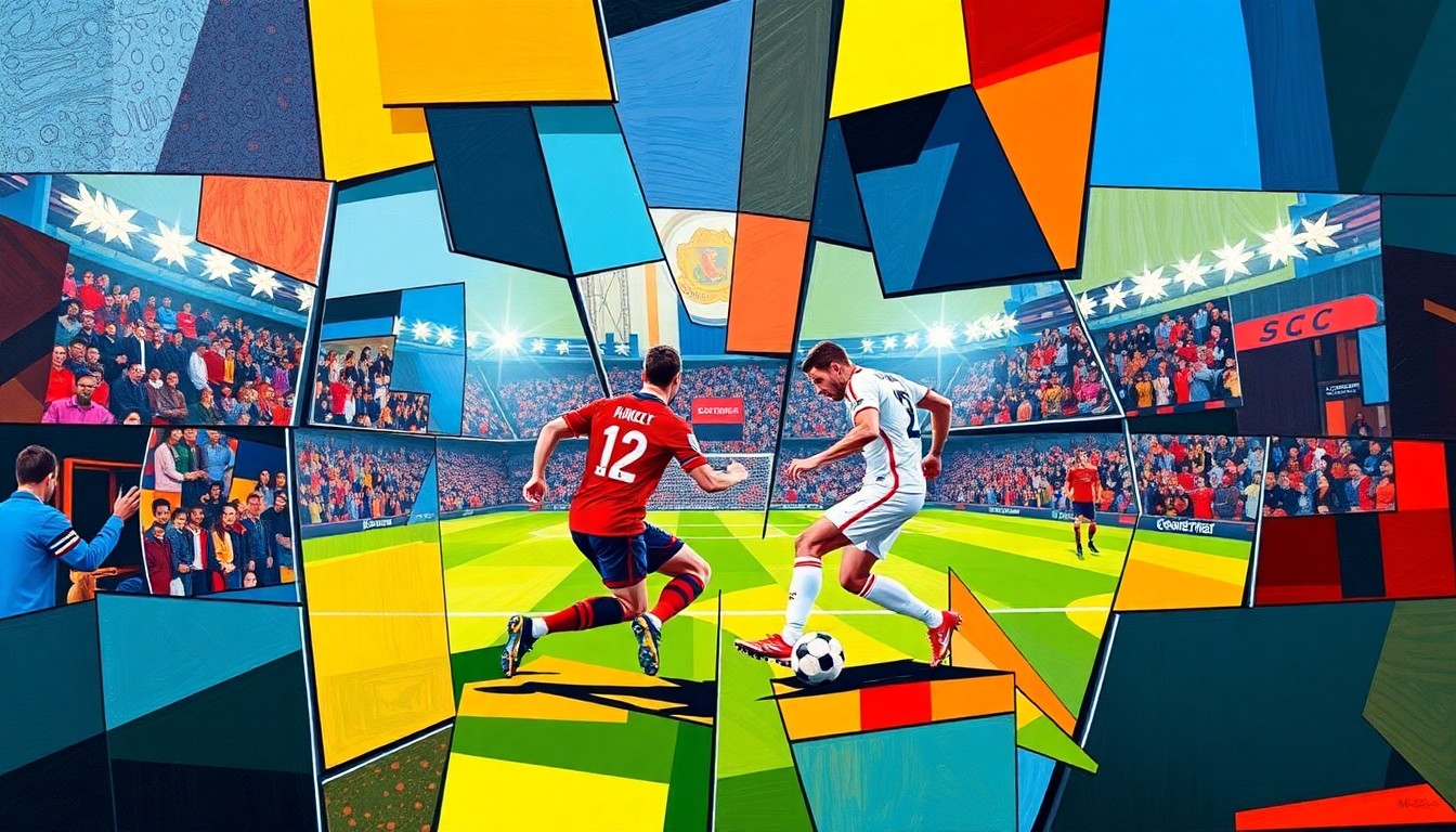 A cubist-style painting featuring fragmented, overlapping geometric shapes in the team colors of FC Cincinnati and the Chicago Fire, capturing the dynamic action and energy of a soccer match between the two clubs.