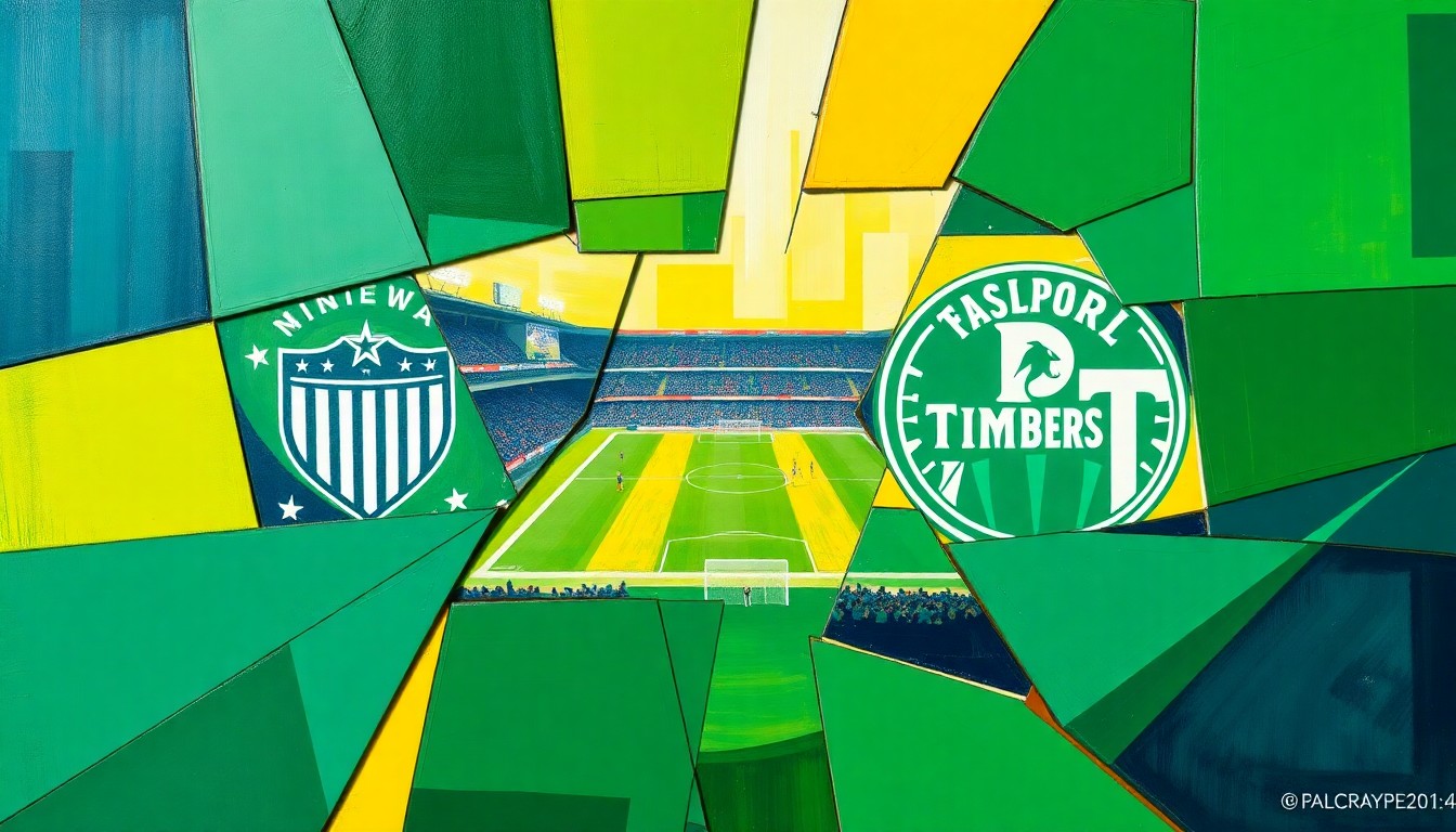 A cubist, geometric painting depicting a soccer match, with overlapping planes of green, blue, and yellow representing the players, field, and action on the pitch.