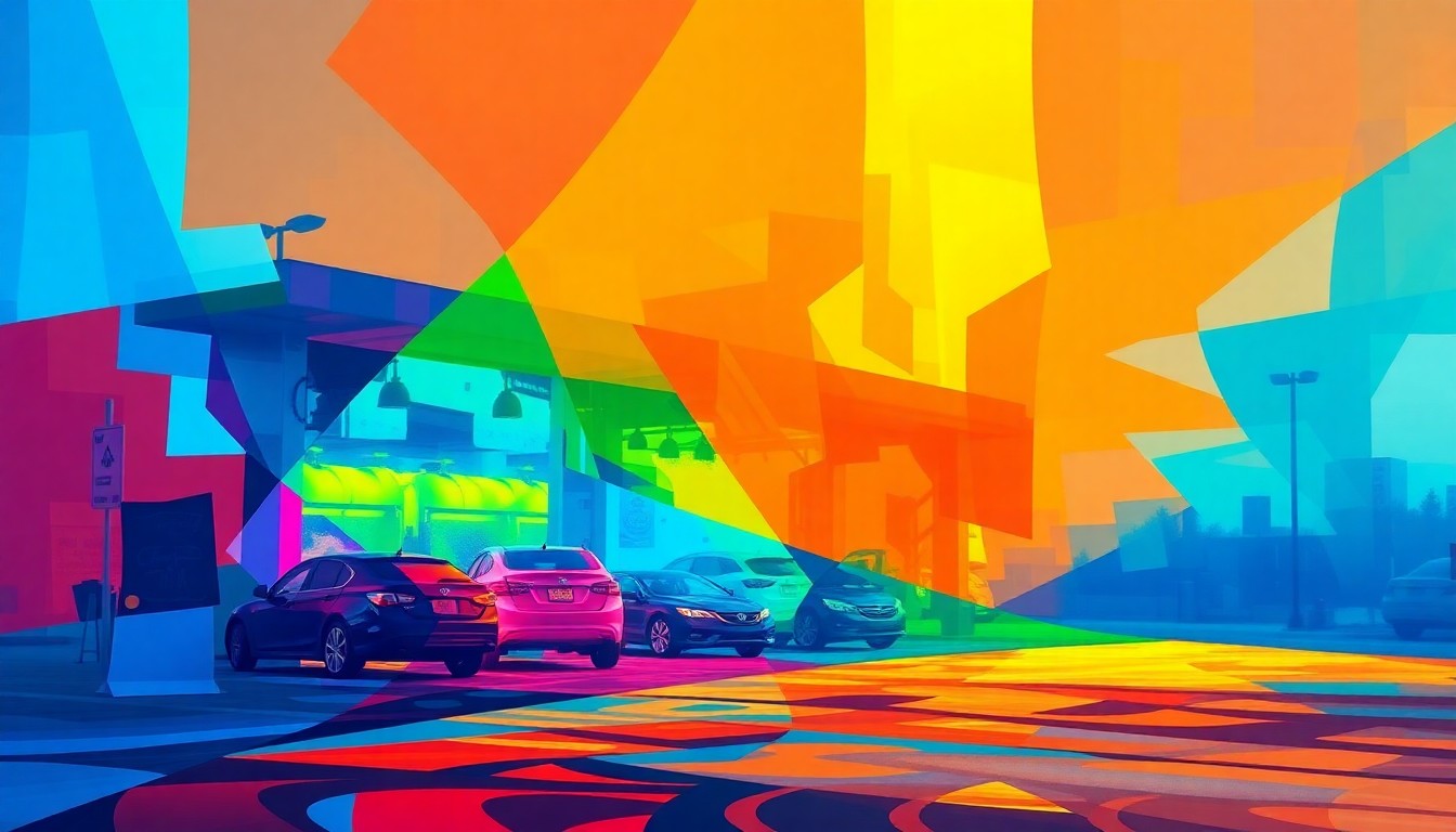 A vibrant, fractured painting of a car wash facility in overlapping geometric shapes and waves of bright, contrasting colors, conceptually representing the rapid growth of the car wash industry in Fort Wayne.