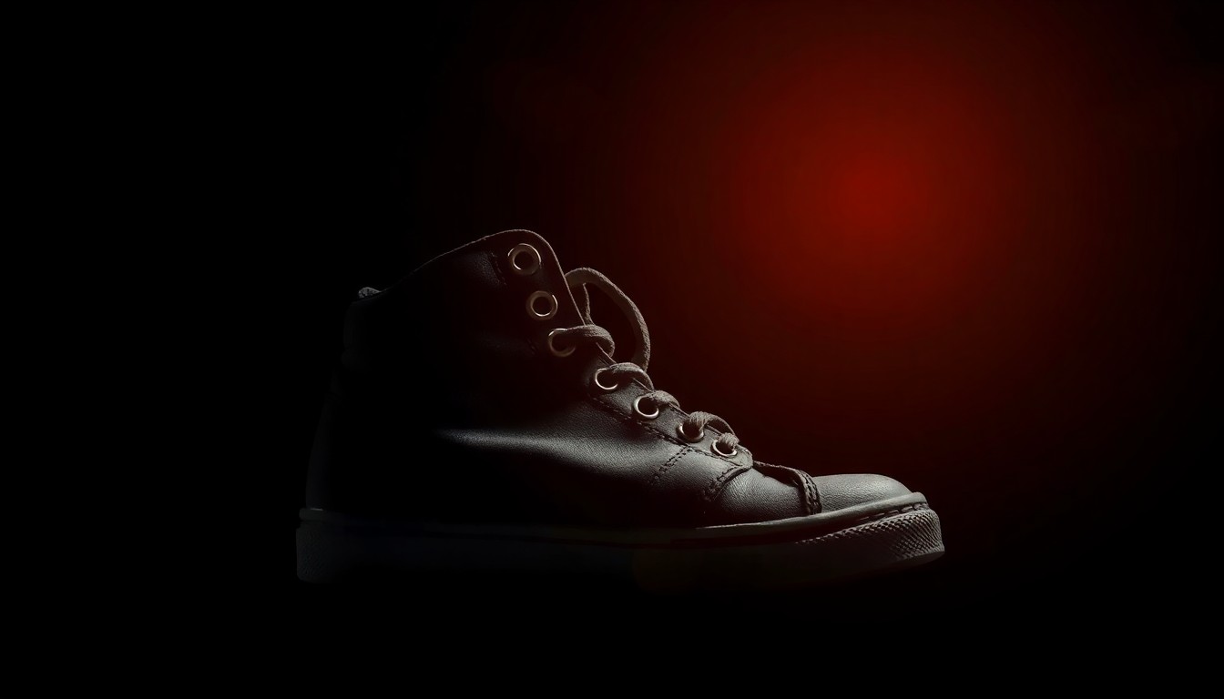 An extreme close-up photograph of a worn, scuffed child's shoe against a pitch-black background, lit by a harsh, direct camera flash, conveying a sense of urgency and concern for a missing child.