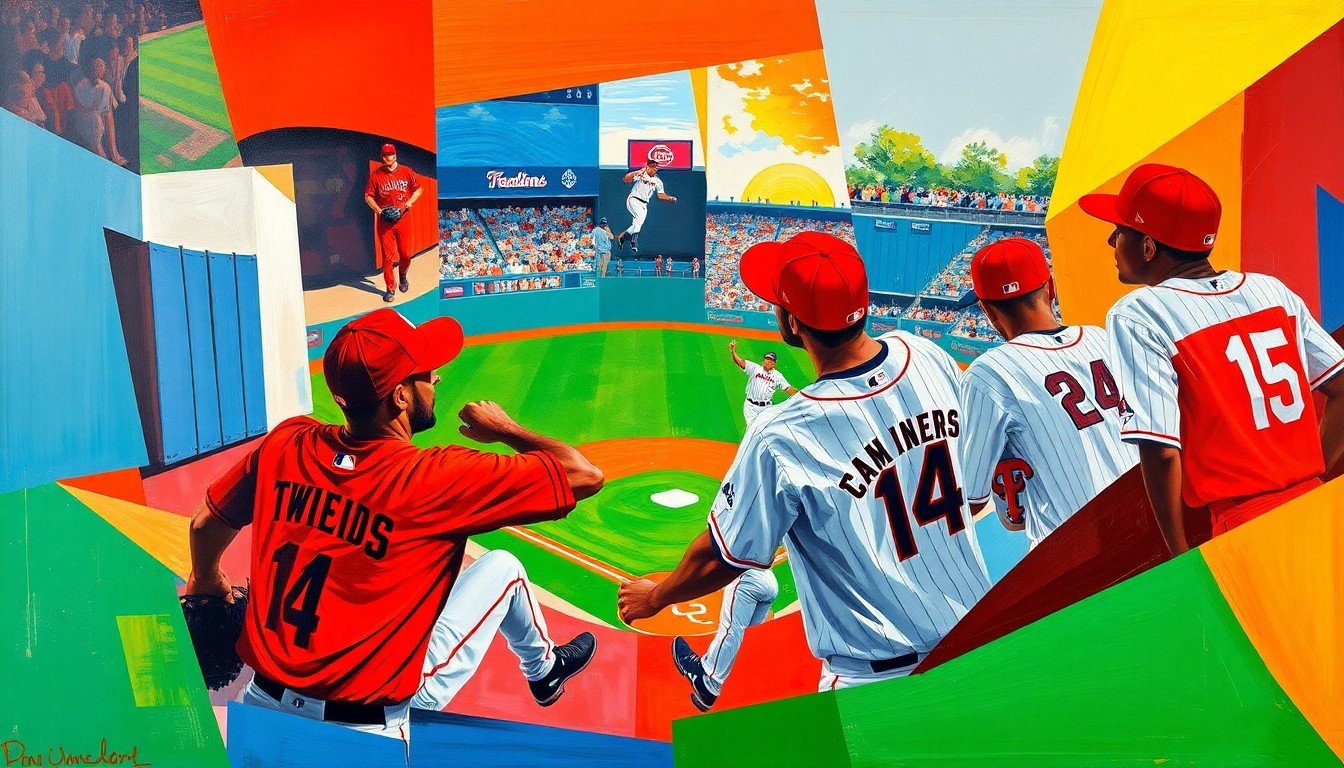 A fractured, multi-perspective painting depicting a baseball game, with sharp geometric shapes and planes of color representing the players, field, and action. The vibrant uniforms of the Reds and Twins players are visible, but no identifiable faces or logos are present.