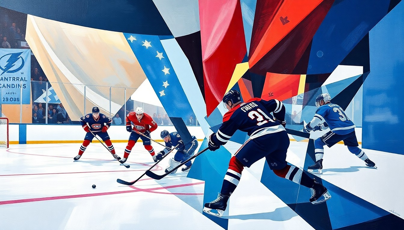 A cubist, geometric painting depicting a hockey game between the Montreal Canadiens and Tampa Bay Lightning, with the players' forms broken down into angular, overlapping shapes in a dynamic, high-energy composition.