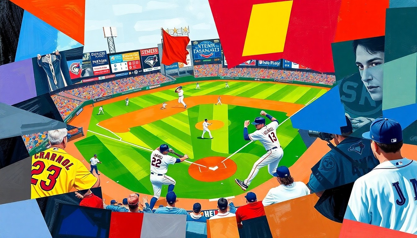 A cubist, geometric painting depicting the dynamic action of a baseball game, with overlapping planes of color and shape representing the players, field, and crowd. The central focus is a powerful swing and the ball soaring through the air, symbolizing the game-changing grand slam.