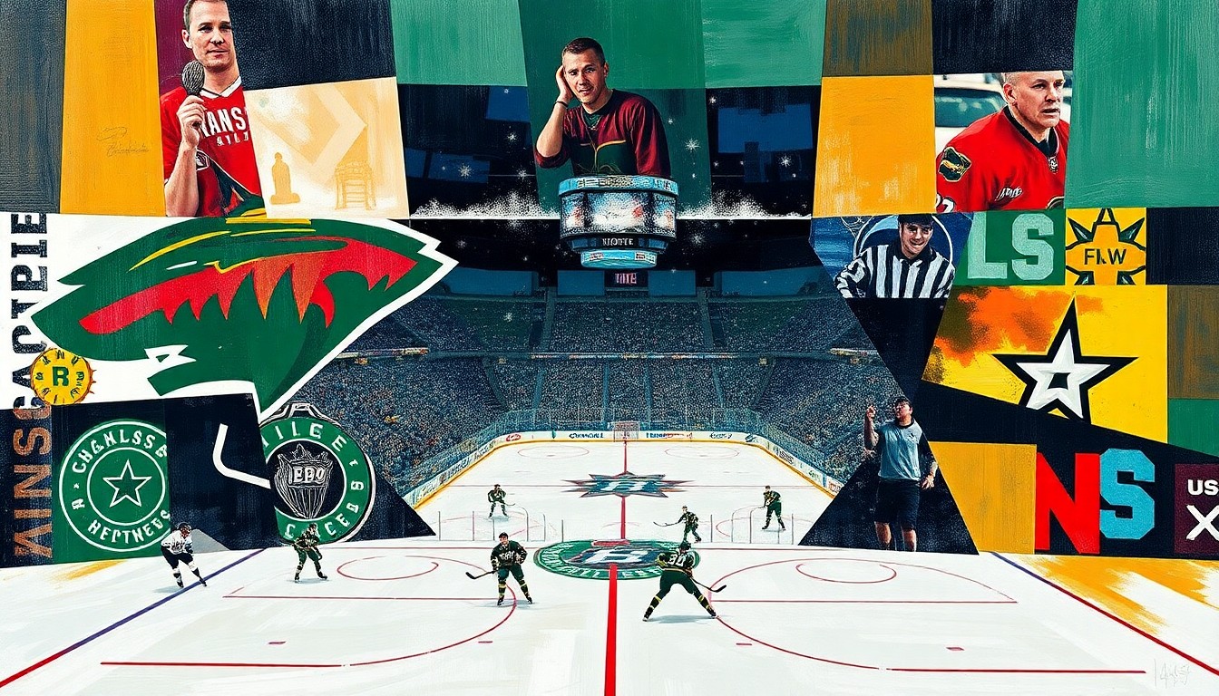 A fragmented, geometric painting depicting a hockey game, with sharp planes of color and overlapping shapes representing the action on the ice without any identifiable players or teams.