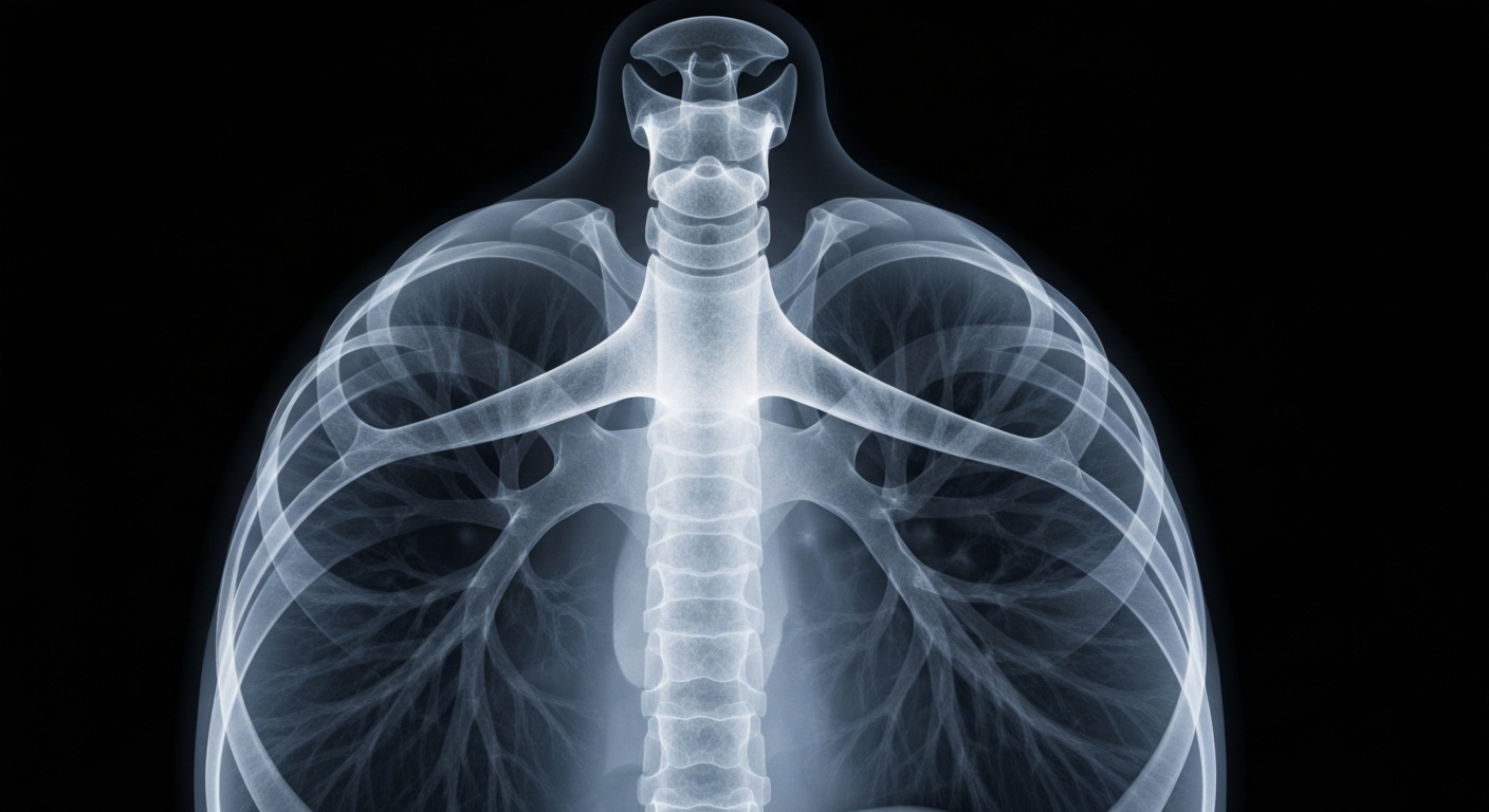 A translucent, ghostly X-ray photograph showing the intricate structure of human lungs, conveying the clinical and internal nature of the measles virus and its effects on respiratory health.