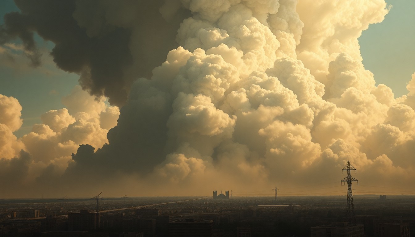 A sweeping, atmospheric landscape painting depicting a massive cloud of thick, billowing smoke rising over a desolate urban scene, dwarfing any visible structures or vehicles and conveying the overwhelming, sublime scale of the natural disaster.