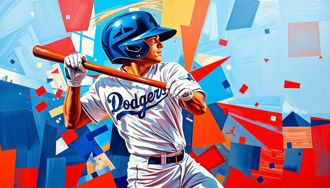 A cubist, geometric painting depicting a baseball player in the act of hitting a home run, with the player's body and the ball broken down into overlapping planes of vibrant blue and red colors.
