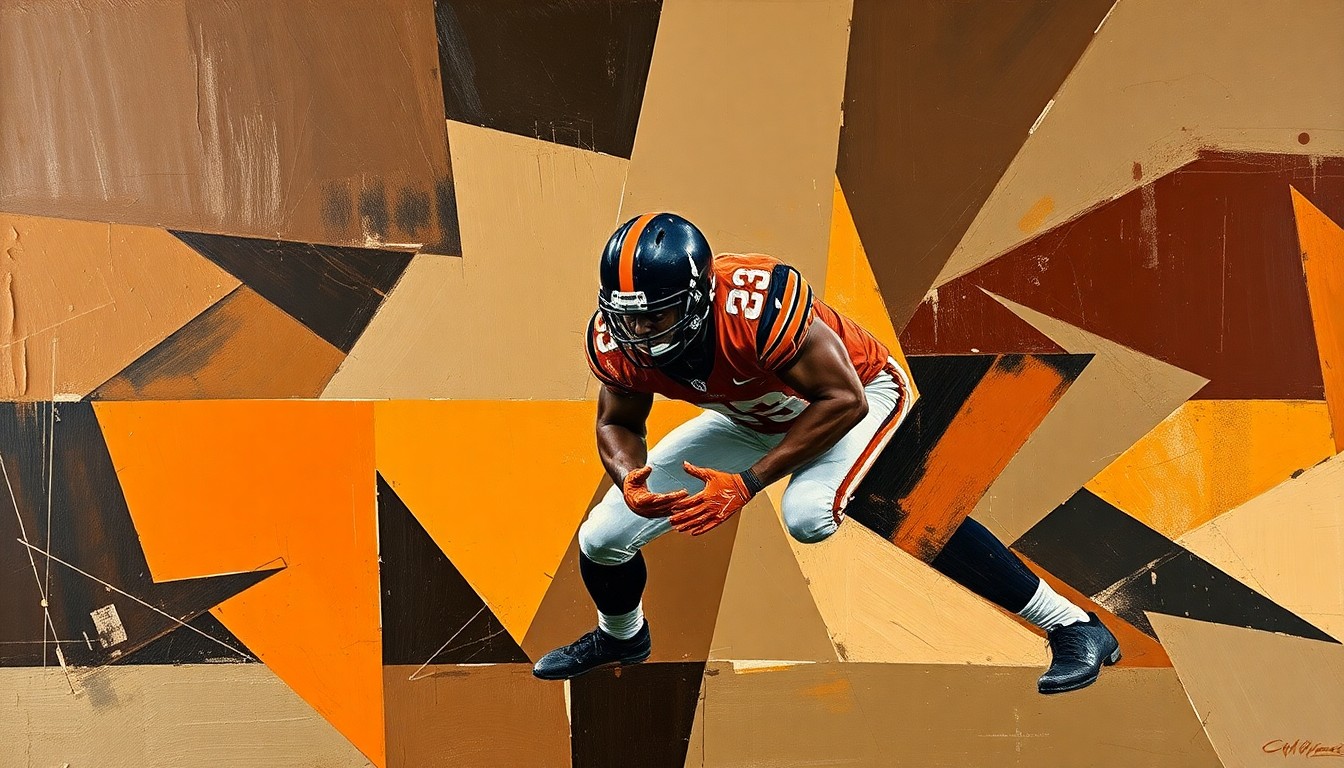 A fractured, multi-perspective painting depicting a defensive line play, with Dexter Lawrence's powerful presence breaking through the offensive line in a burst of geometric shapes and angular lines.
