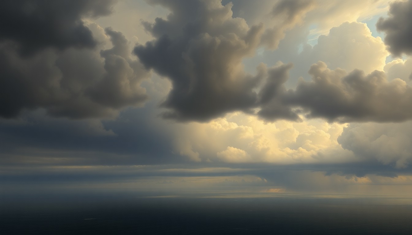 A sweeping, atmospheric landscape painting in muted tones of gray, blue, and green, depicting a dramatic, storm-filled sky dominating the scene and dwarfing any visible structures or landmarks below.