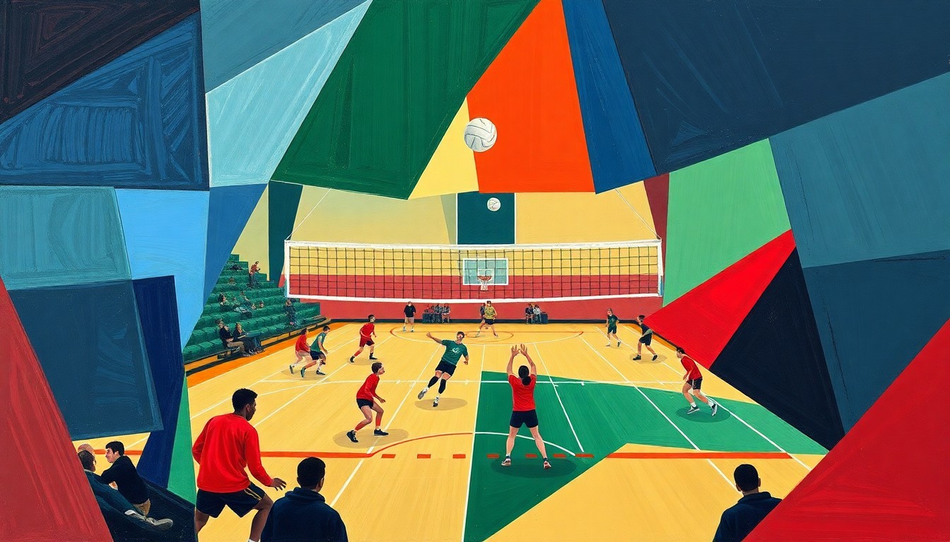 A fragmented, abstract painting depicting a high school volleyball game, with the players and court broken down into sharp, overlapping geometric shapes in a palette of navy, green, and red, conveying the intense competition and unpredictability of the league.