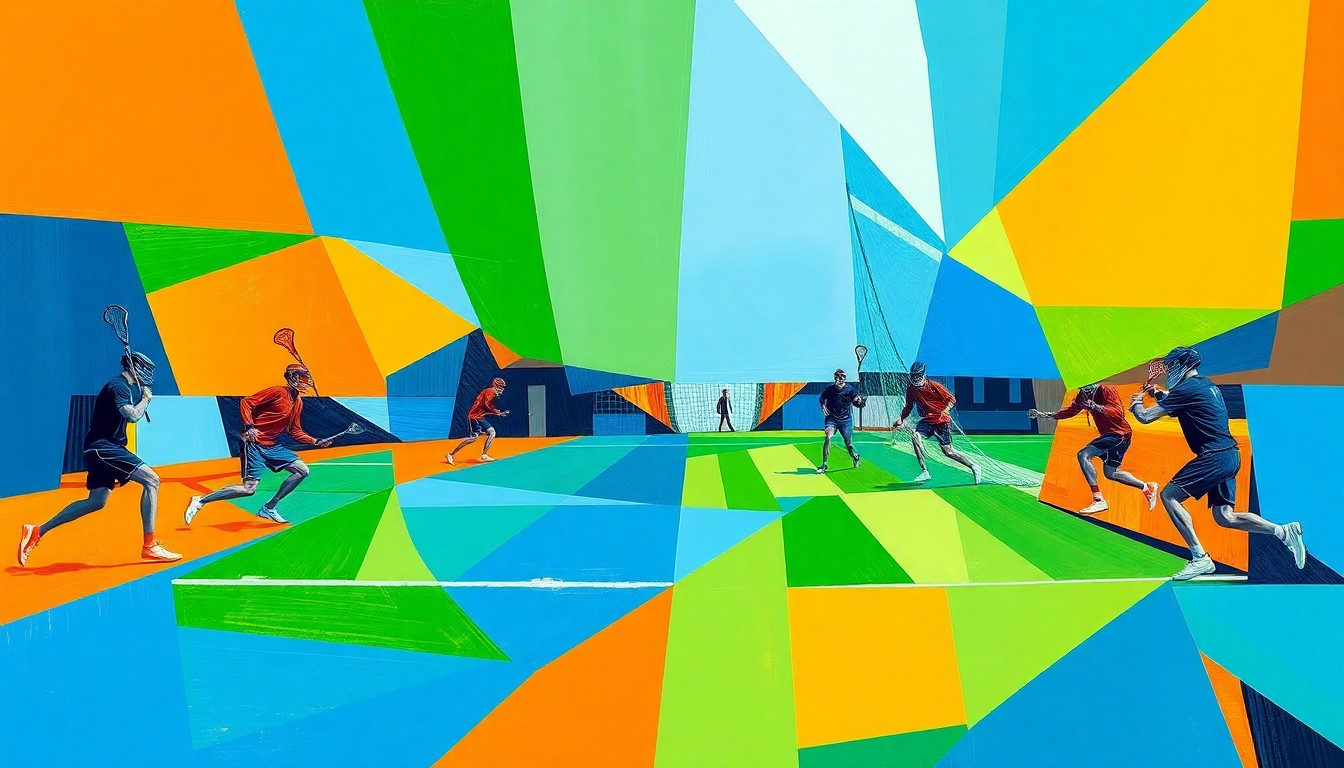 A cubist, geometric painting depicting the dynamic action of a men's lacrosse game, with overlapping planes of bright blue, green, and orange representing the players, ball, and field of play.