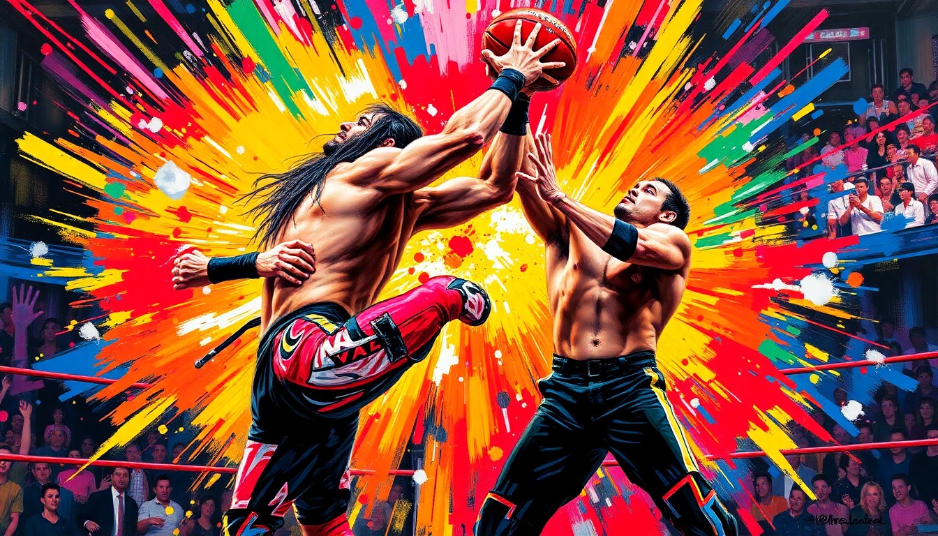 An abstract, expressionist painting depicting the violent collision of two wrestlers, with neon-colored brushstrokes and blurred, dynamic movements capturing the raw energy of the moment.