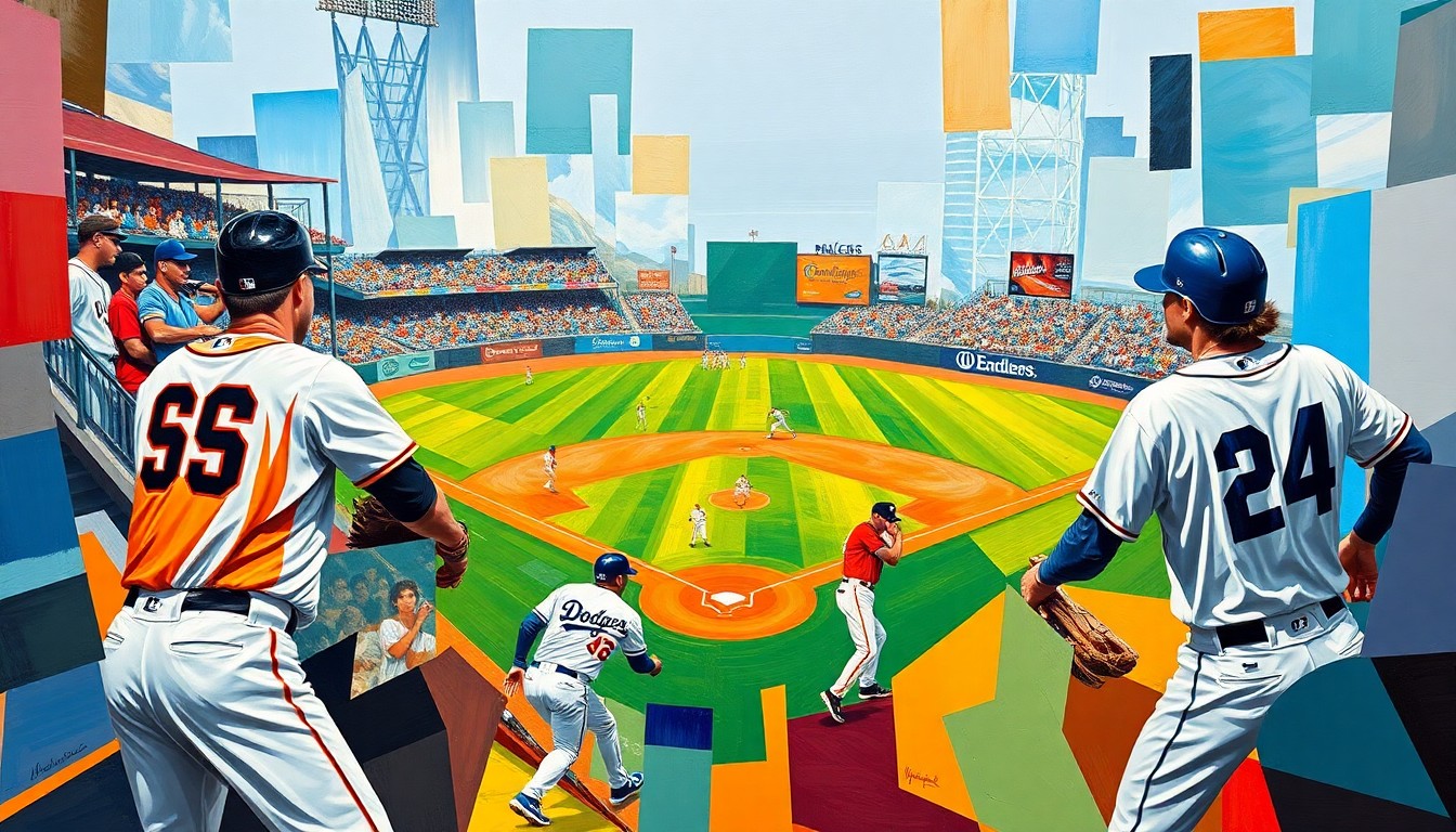 A cubist, geometric painting depicting a fragmented baseball game or players, with the vibrant colors of the San Francisco Giants and Los Angeles Dodgers uniforms overlapping in sharp, angular planes.