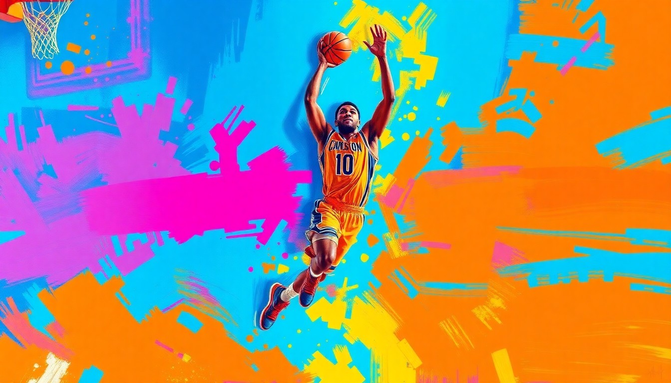 An abstract, expressionist painting in vibrant neon colors capturing the energy and motion of a basketball player driving to the hoop, with the player's body and the ball blending into a dynamic, colorful blur.