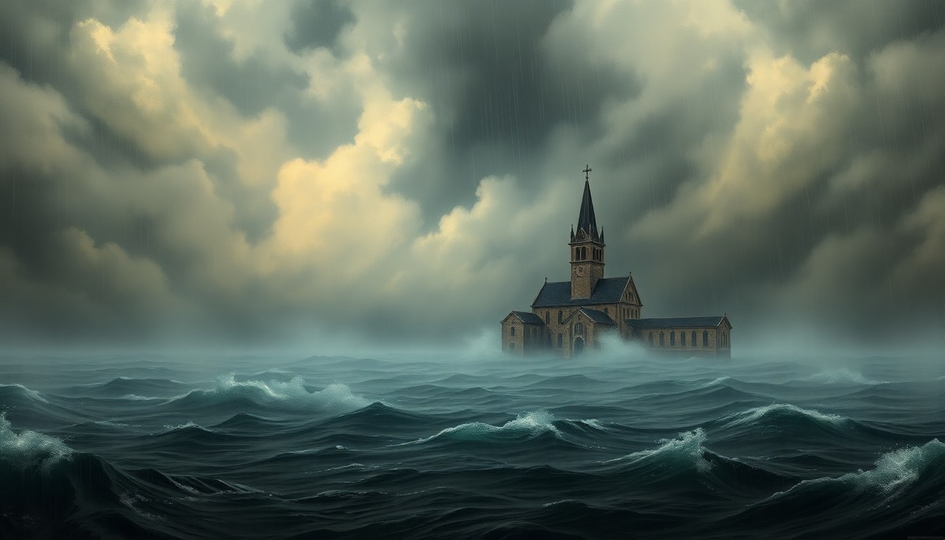 A sweeping, atmospheric landscape painting in muted tones of gray, blue, and green, depicting a partially submerged church building surrounded by rising floodwaters and heavy rain, conveying the overwhelming power of nature.