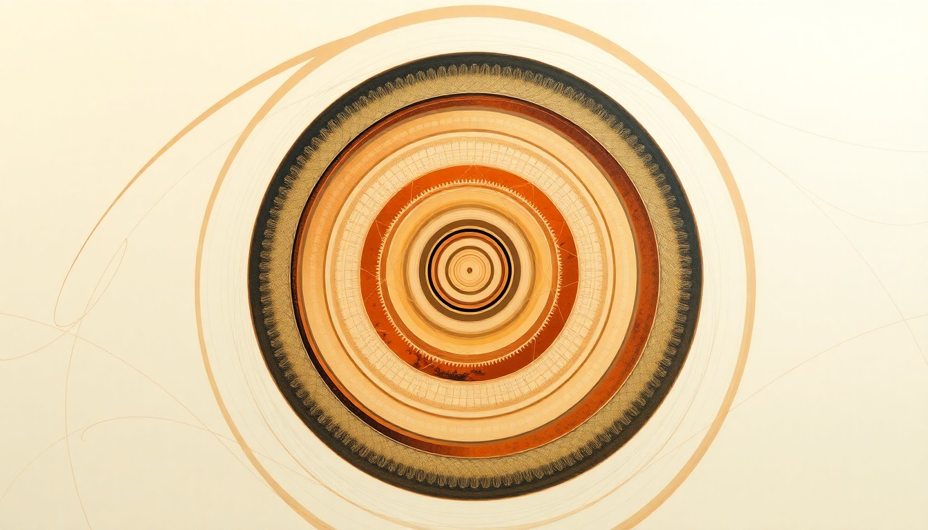 A bold, abstract painting featuring sweeping geometric shapes, concentric circles, and precise organic spirals in muted earth tones, conceptually representing the interconnected complexity of biological systems enabled by the new 10x Genomics Atera spatial platform.