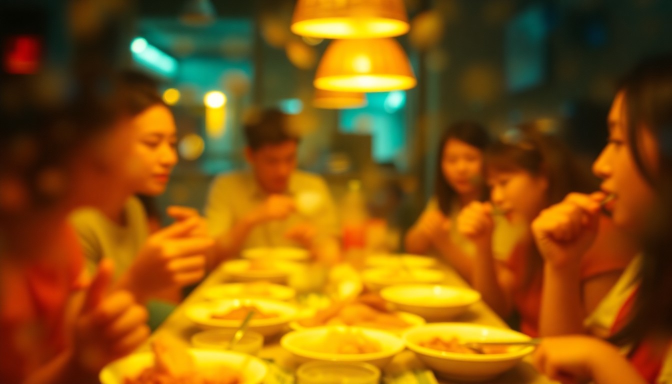 An impressionistic, out-of-focus photograph showing the blurred silhouettes of people sharing a vibrant Korean meal, with the details obscured in a warm, colorful haze.