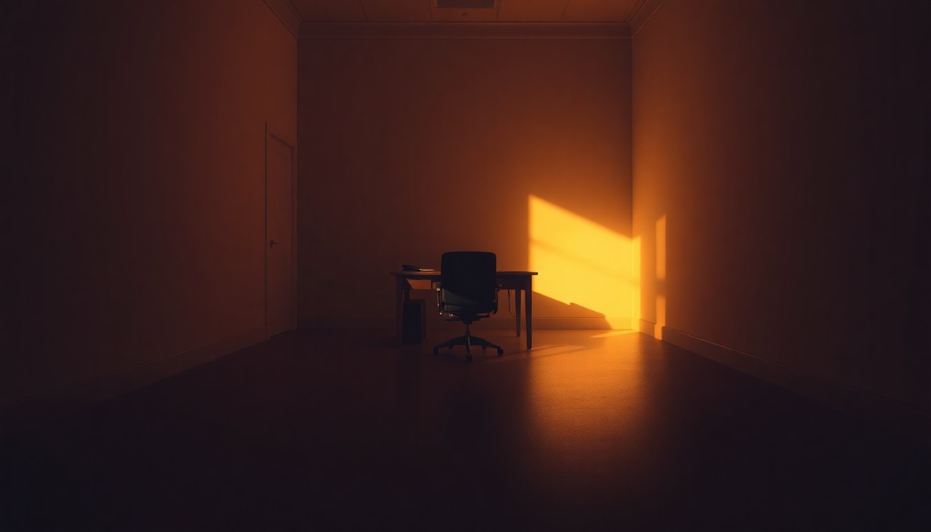 A dimly lit government office with a lone desk and chair, casting long shadows across the floor. The room is bathed in warm, diagonal sunlight, creating a sense of quiet contemplation.