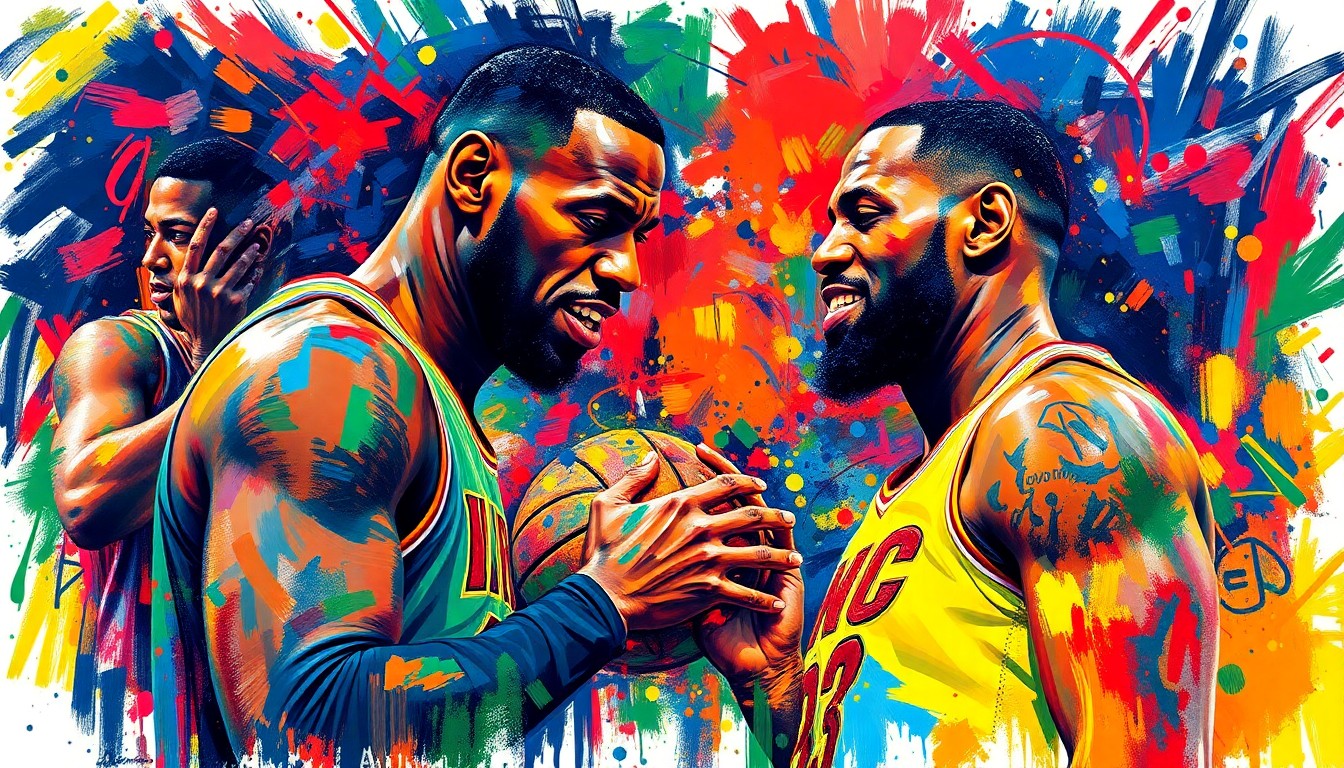 An abstract, expressionist painting in vibrant neon colors depicting the emotional moment of LeBron James checking on a young fan who was hit by a stray basketball, the faces and details dissolving into energetic brushstrokes.