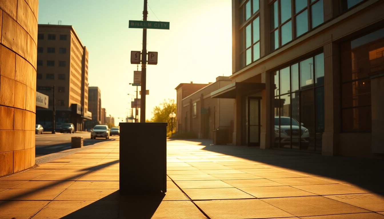 A photorealistic painting of an empty ballot box sitting on a downtown sidewalk, with warm sunlight and deep shadows creating a sense of isolation and contemplation.