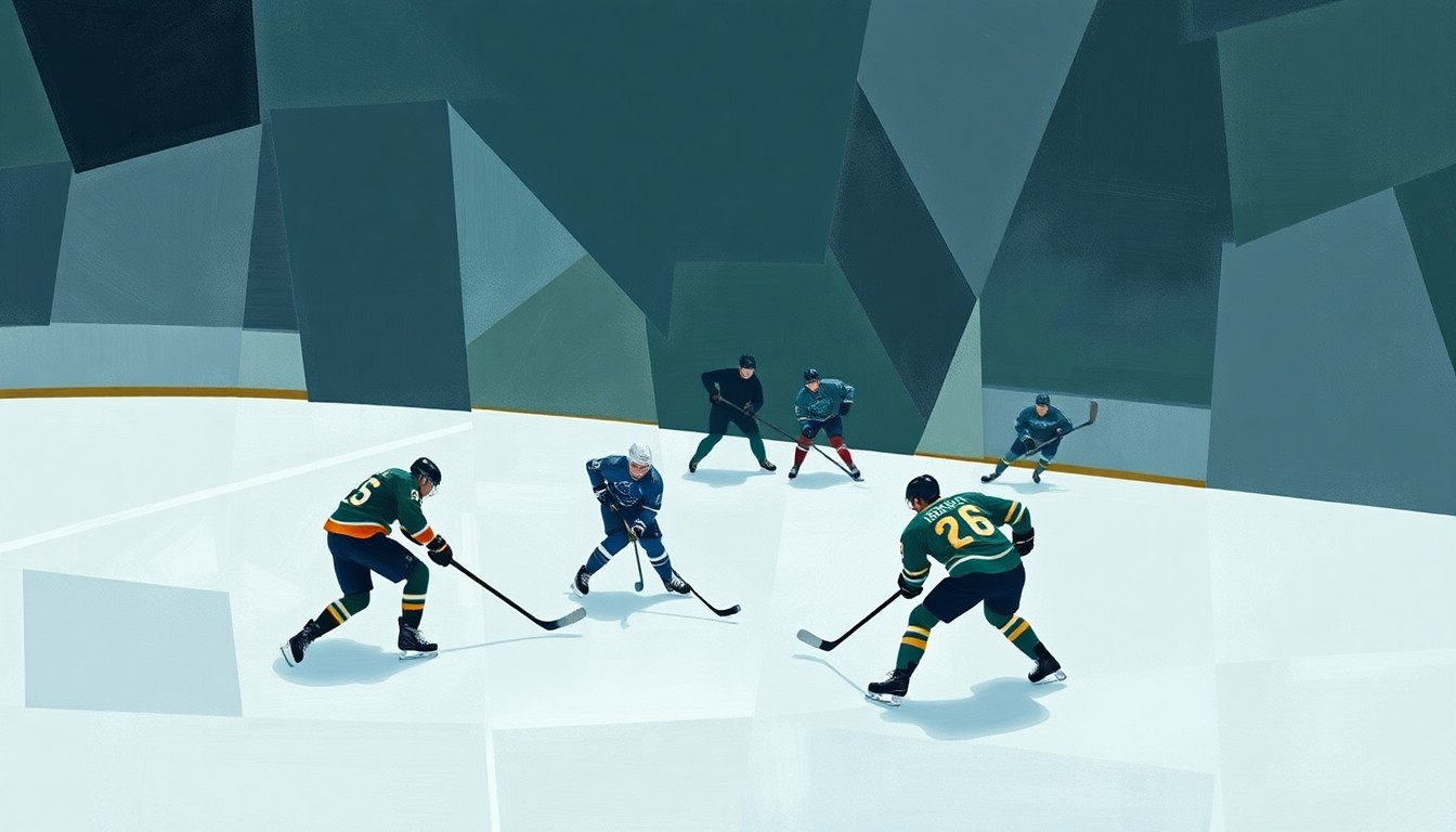 A cubist, geometric painting depicting the fragmented forms of hockey players in muted tones, conveying the uncertainty and disappointment surrounding the Winnipeg Jets' season and Jonathan Toews' future with the team.