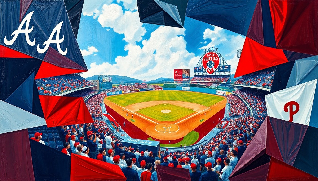 A fractured, geometric painting depicting a baseball game, with the players and field broken down into sharp, overlapping planes of navy blue, red, and white for the Braves, and red, white, and blue for the Phillies, capturing the dynamic energy of the pitching matchup.