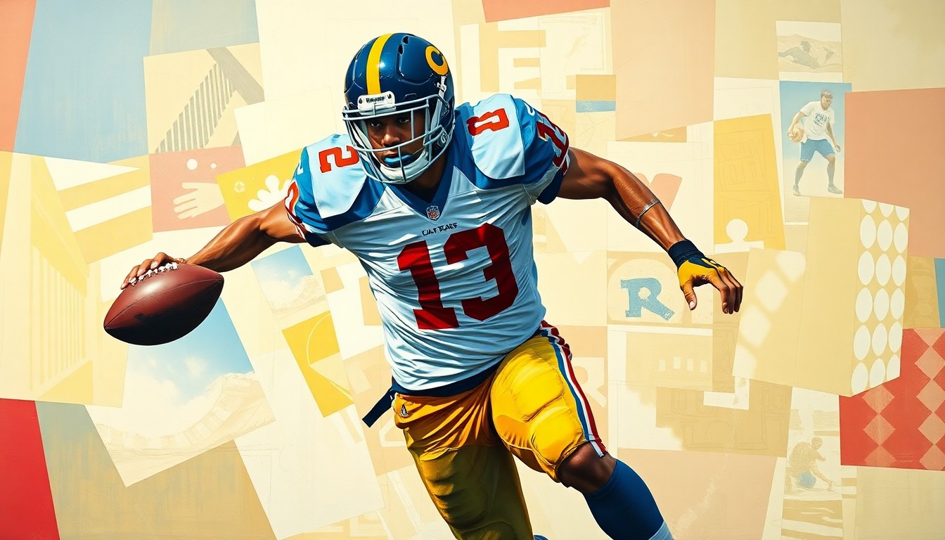 A cubist-style painting depicting a football player in mid-motion, with their jersey and equipment broken down into abstract geometric shapes and colors, conveying the dynamic energy and uncertainty of the upcoming NFL draft.