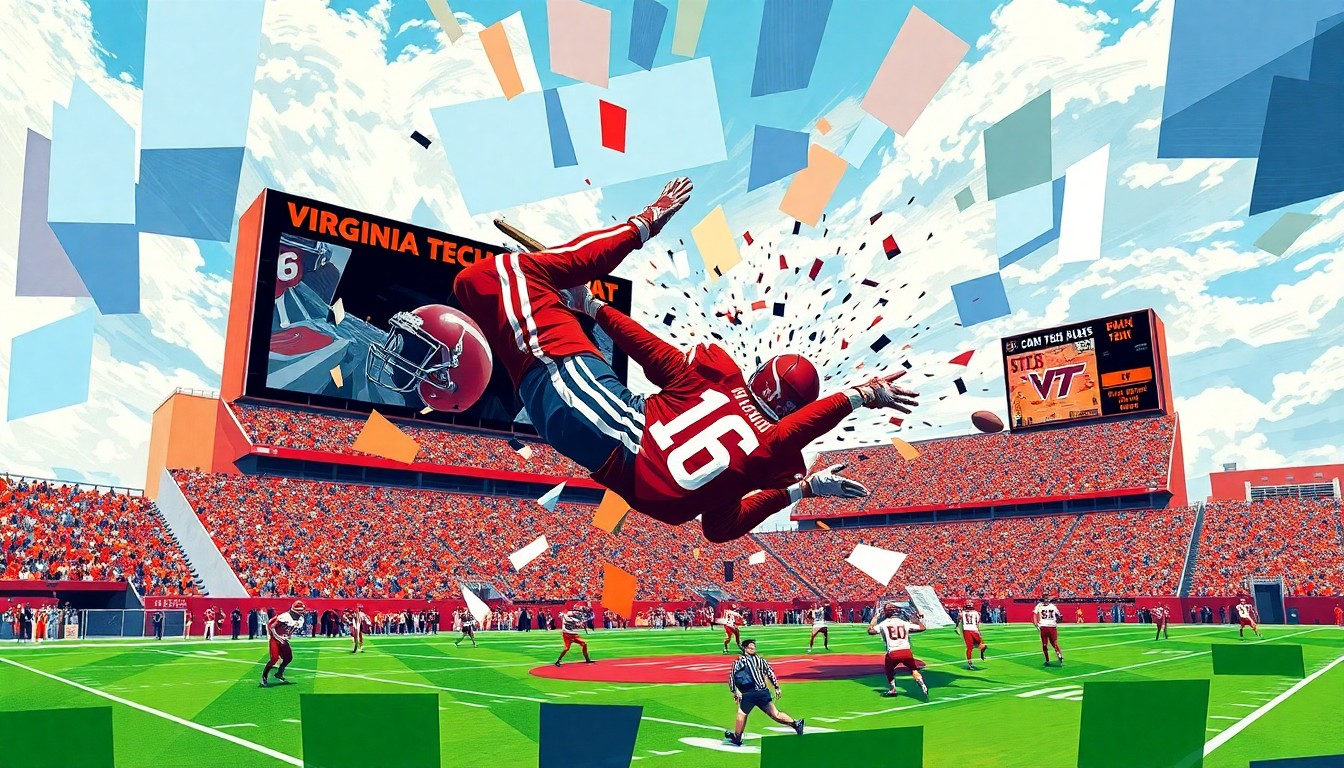 A cubist, geometric painting depicting the chaotic crash of a skydiver into a sports stadium scoreboard, with sharp, overlapping planes of color representing the dynamic motion and impact of the event.
