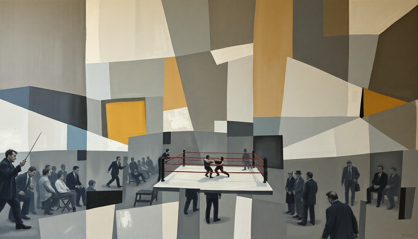 A cubist, geometric painting depicting a fragmented, multi-perspective scene of a wrestling event, with sharp, overlapping planes in muted colors conceptually representing the complex issues of fan behavior and performer safety.