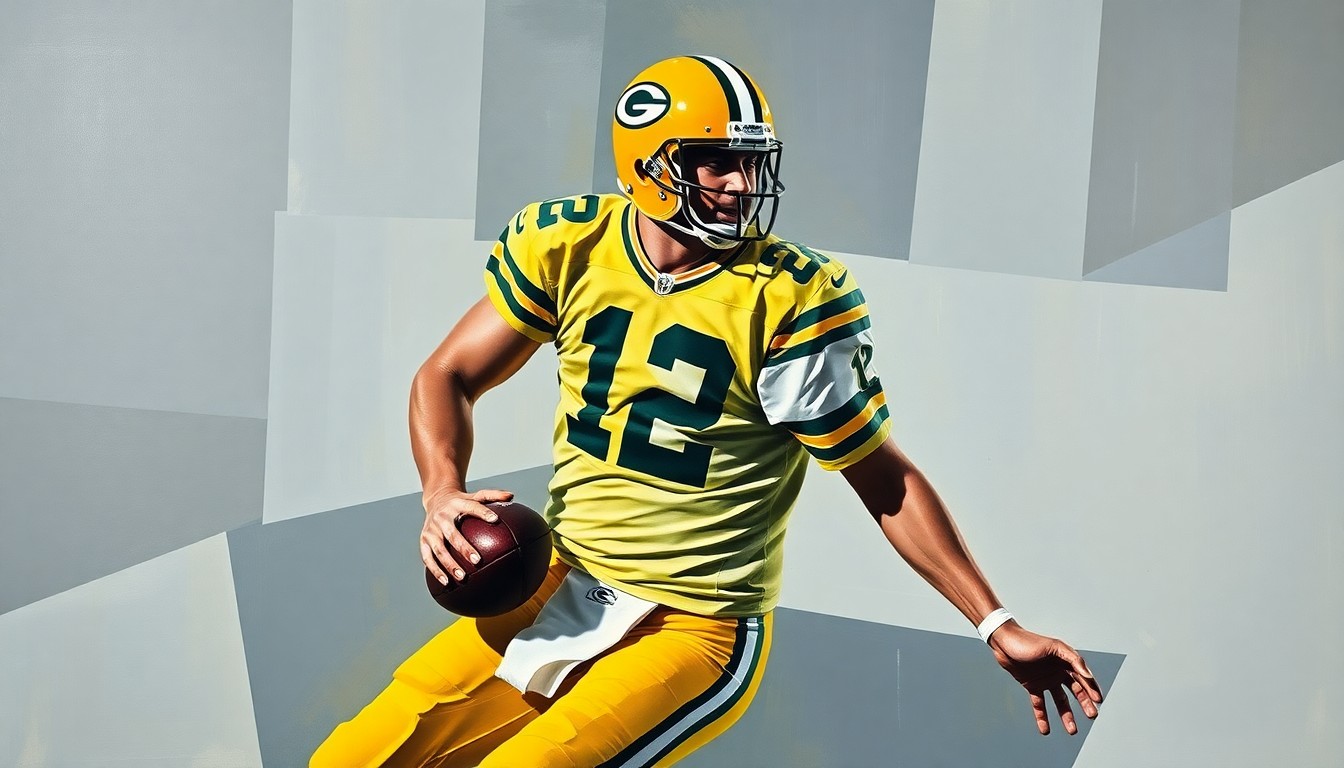 A fractured, geometric painting in the style of Pablo Picasso, depicting a football player in motion with their identity obscured by overlapping planes of color and shape, representing the uncertainty surrounding Aaron Rodgers' future plans.