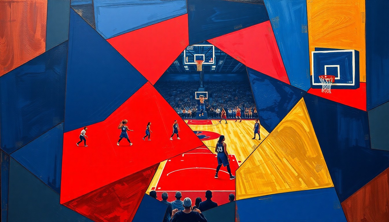 A cubist, geometric painting featuring overlapping planes of navy blue, bright red, and gold, conceptually representing the personal dynamics and challenges a star basketball player faces when joining a new team.