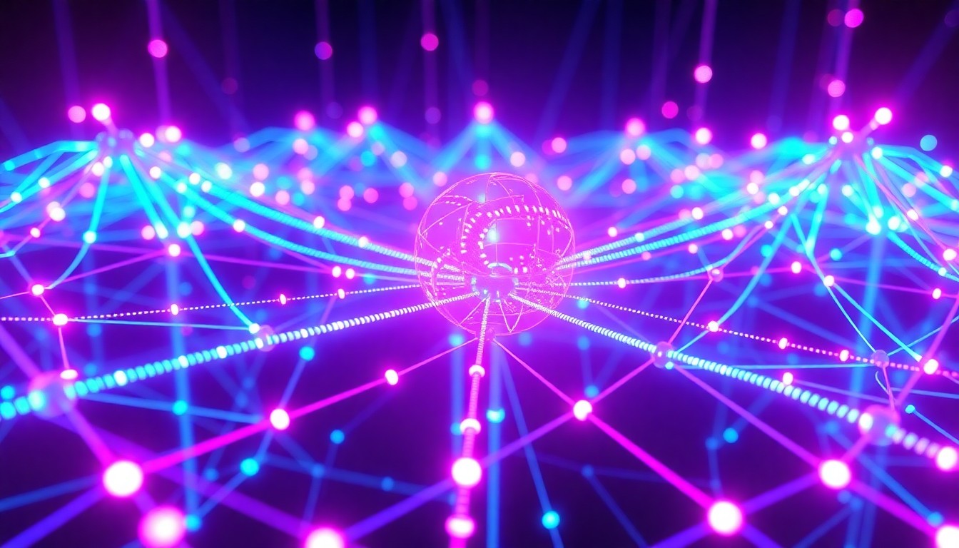 A highly detailed, glowing 3D illustration of a futuristic 6G cellular network infrastructure, with pulsing neon lights representing the seamless connectivity and data transmission of the next generation of mobile technology.