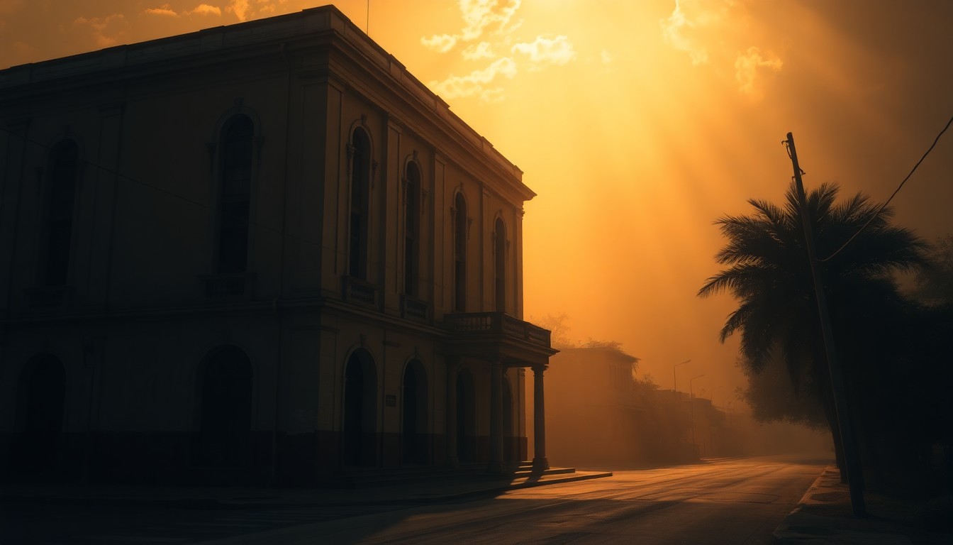 A cinematic painting of an old Cuban government building in warm, golden light, with deep shadows casting an air of political tension and uncertainty.